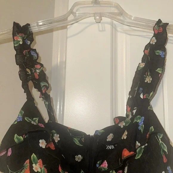 Zara Fruit Floral Black Silky Slip Mini Dress Strawberry Berries Size XS Spring - Picture 8 of 13